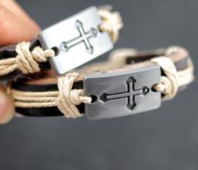 2 Unisex Cross Leather Bracelets